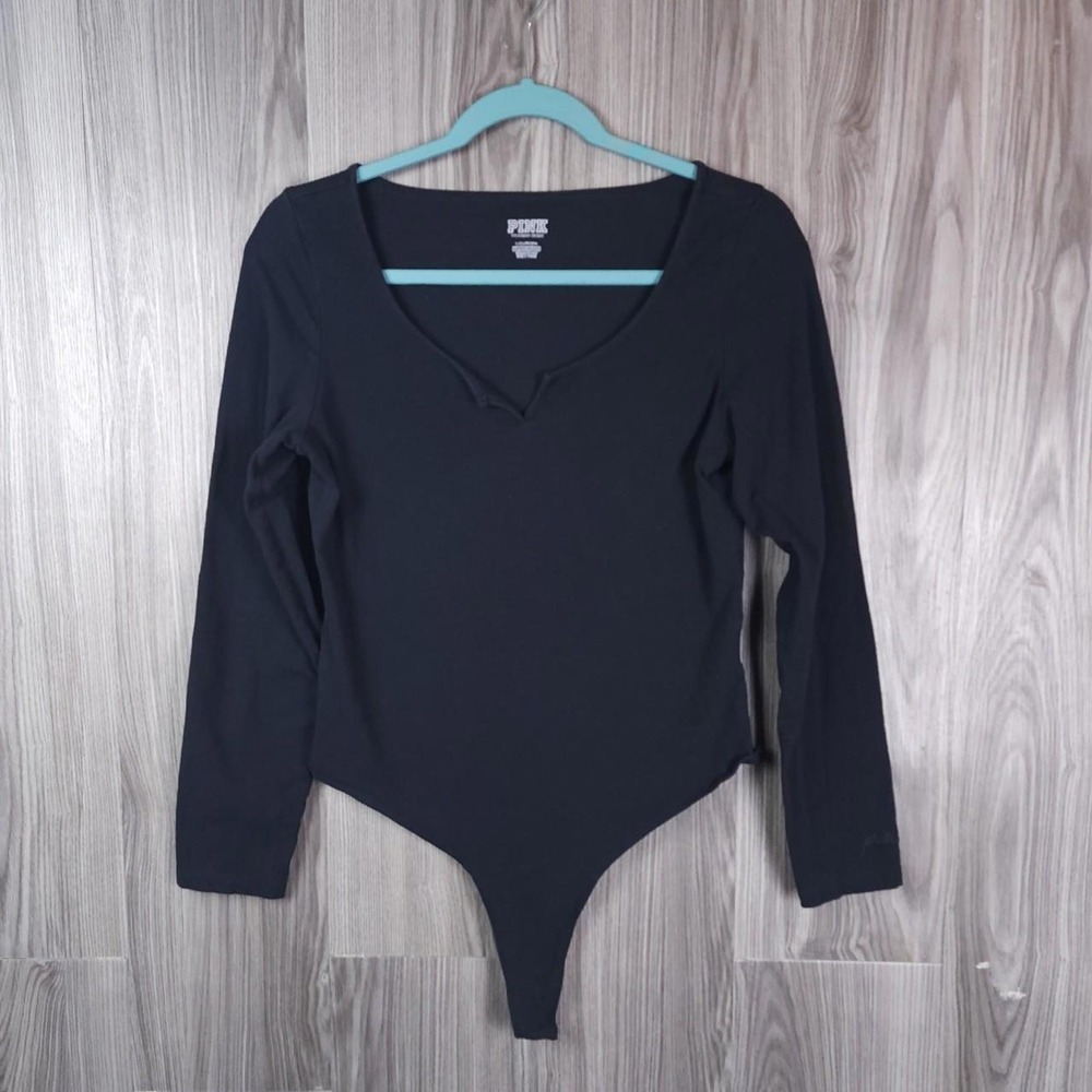 VS Pink Longsleeve Thong Bodysuit Slit Neck